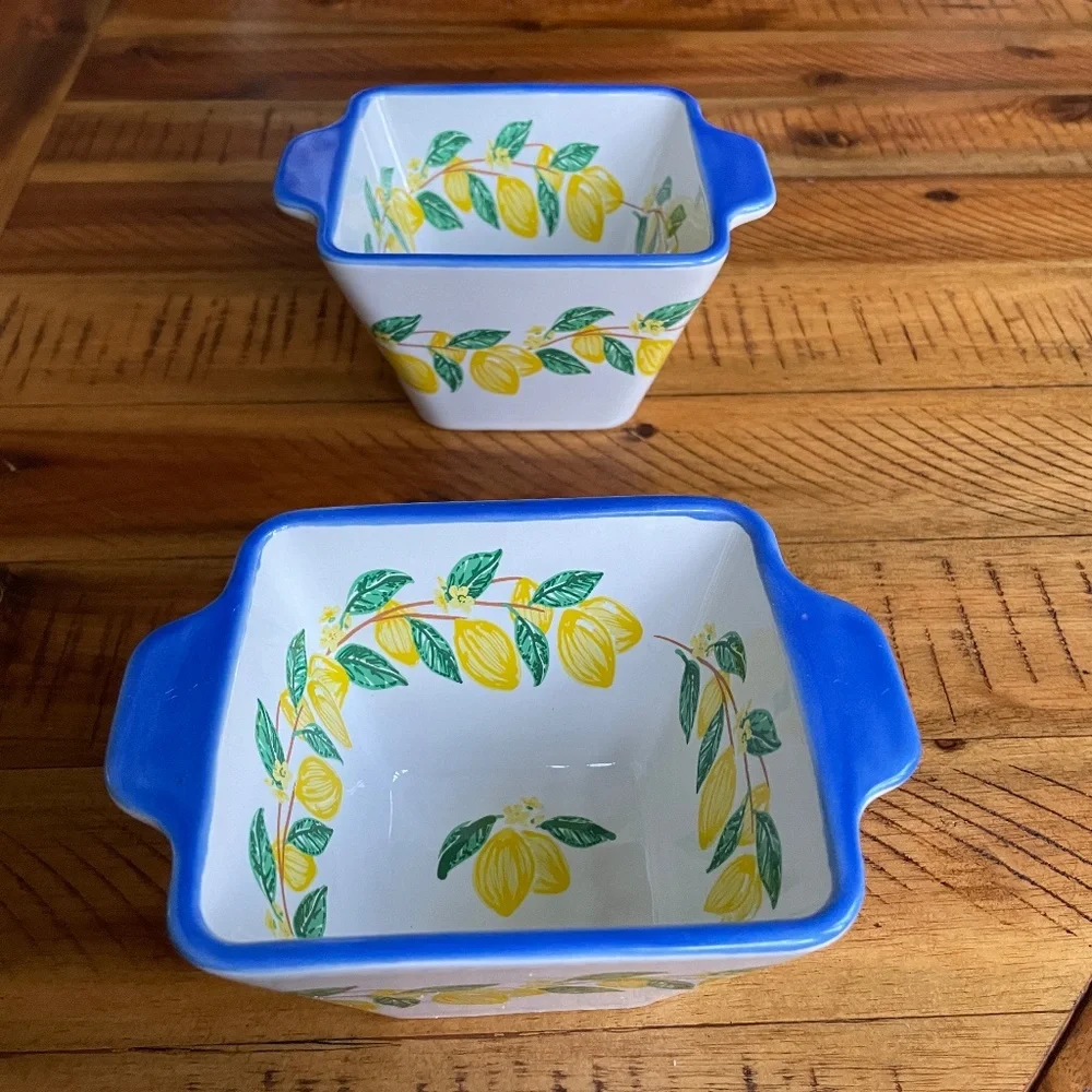 Ceramic Lemon Pattern Rectangular Baking Dishes with Blue Rim - Set of 2